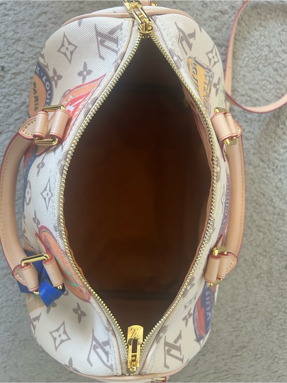 Beige Monogram Travel Patch Satchel with Blue Tag and Pink Straps - Picture 9 of 14